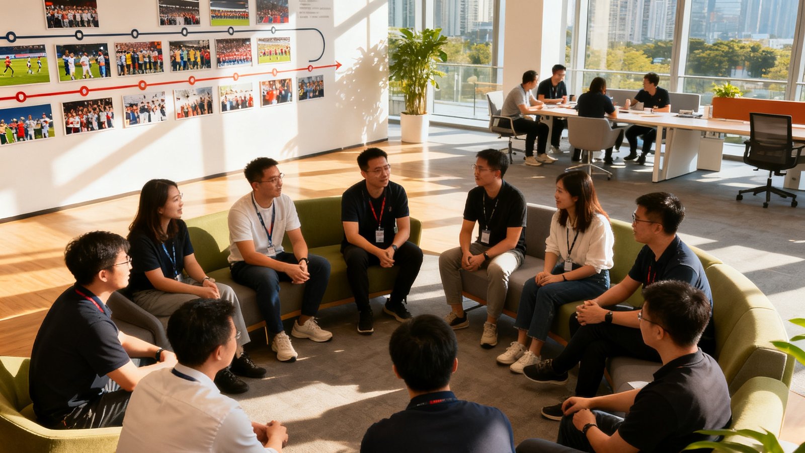 宽敞明亮的编辑部内十几位成员围坐在长桌旁热烈讨论，身后墙面上挂满多块显示屏实时播放各场预选赛数据，桌面上散落着战术笔记和赛事资料
